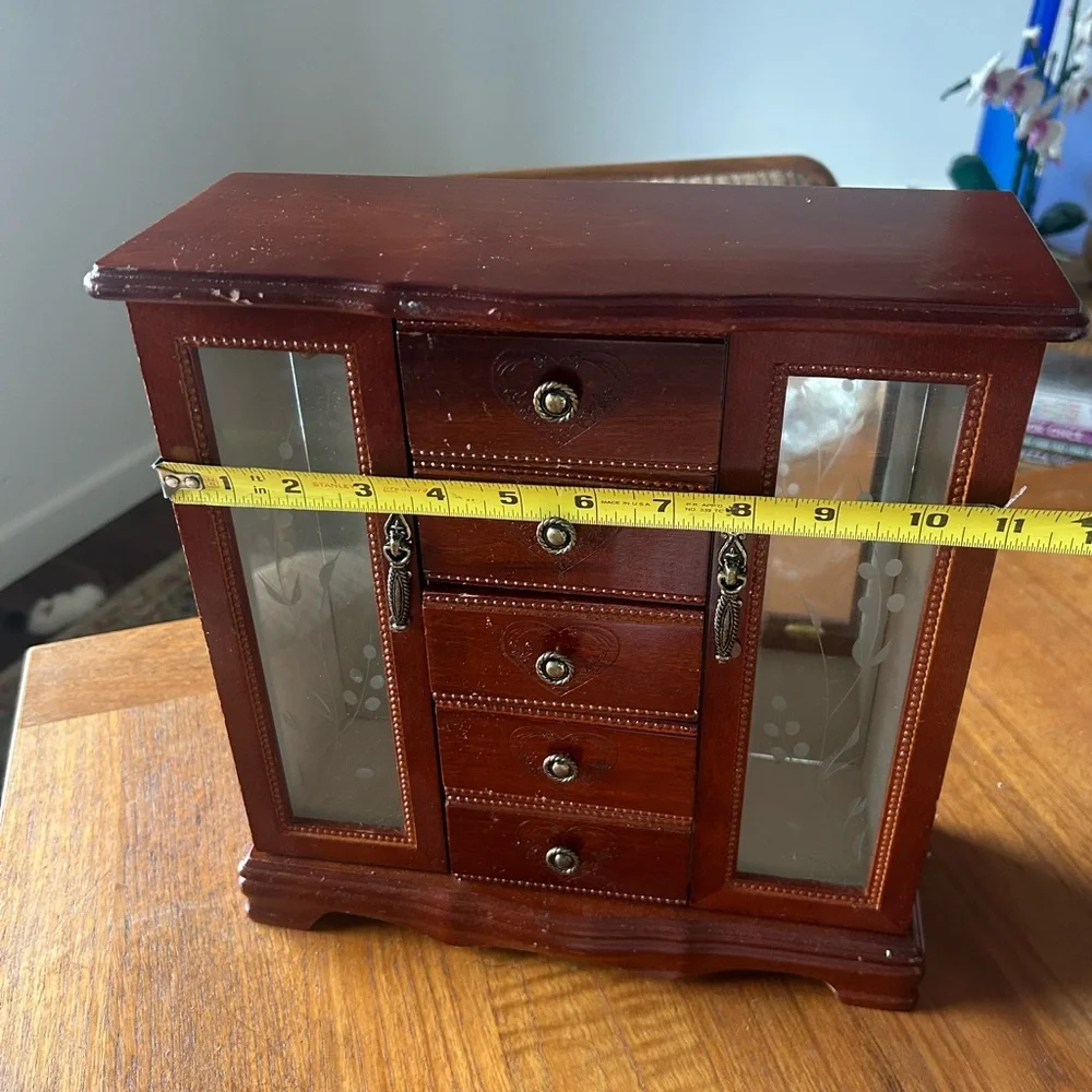 Elegant Wooden Jewelry Organizer with Glass Doors and Heart Accents